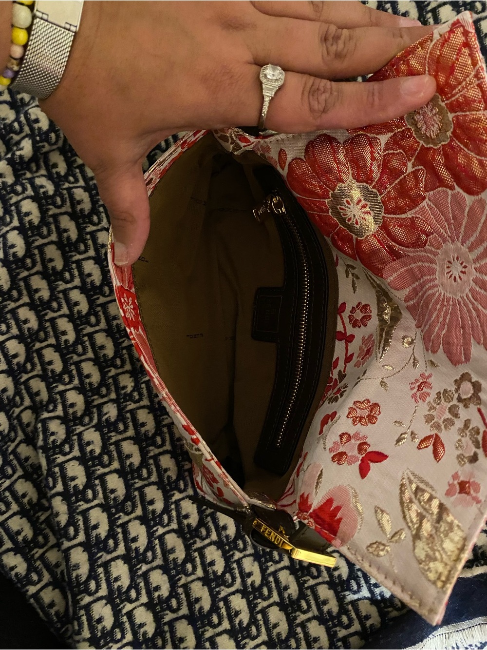 Inspired Floral Pink Embroidered Shoulder Bag with Gold Hardware - Picture 6 of 9